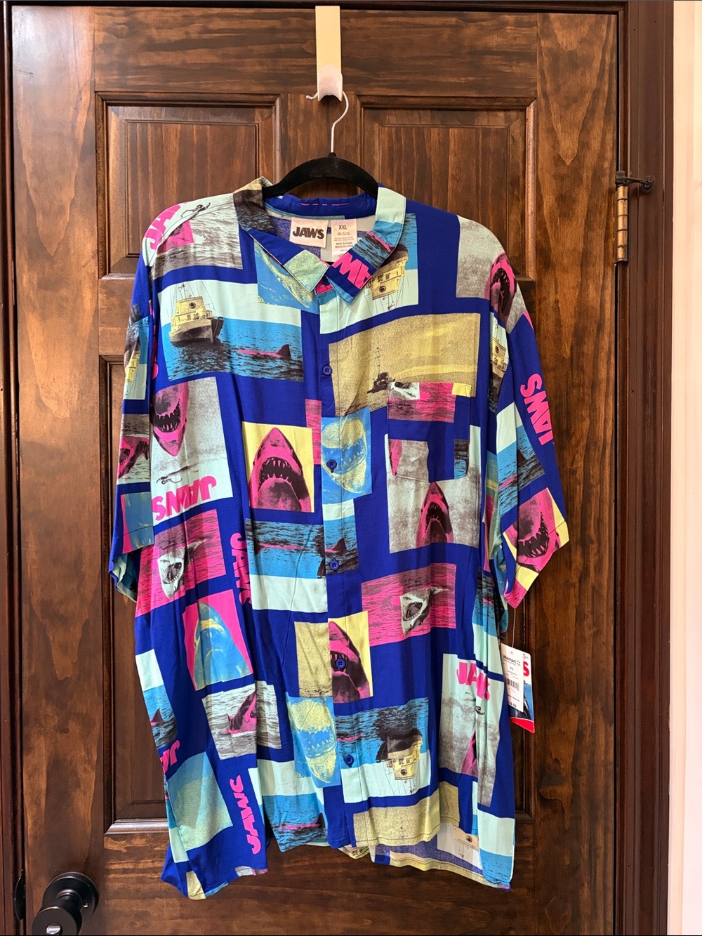 JAWS Graphic Short-Sleeve Button-Down Shirt - Blue Multi